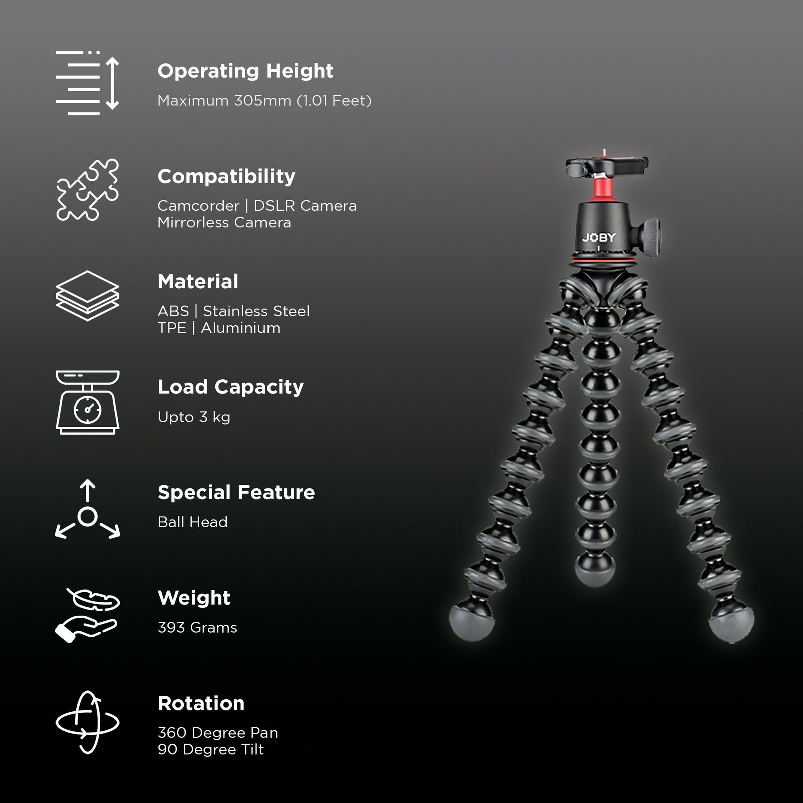 JOBY JB01507-BWW 30.5cm Adjustable Tripod for Camera (Ball Head, Black) - Image 2