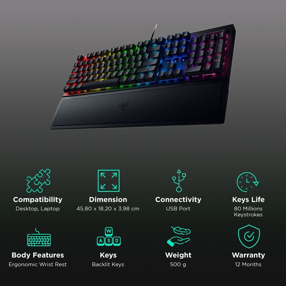 RAZER BlackWidow V3 Wired Gaming Keyboard with Backlit Keys (Ergonomic Wrist Rest, Black) - Image 2