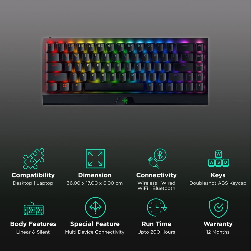 RAZER BlackWidow V3 Mini HyperSpeed Phantom Edition Bluetooth & 2.4GHz Wireless Gaming Keyboard with Multi Device Connectivity (N-Key Rollover, Black) - Image 2