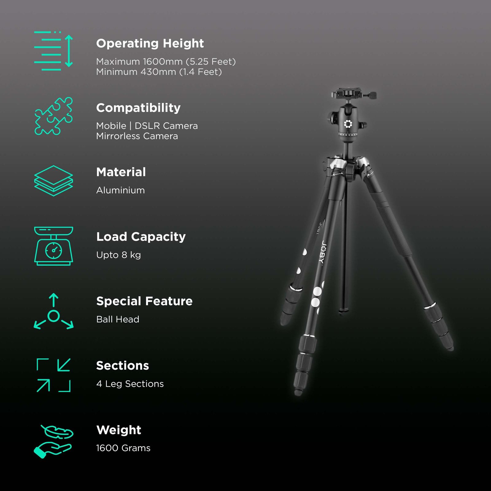 JOBY RangePod 160cm Adjustable Tripod for Mobile and Camera (360 Degree Panoramic Rotation, Black) - Image 2