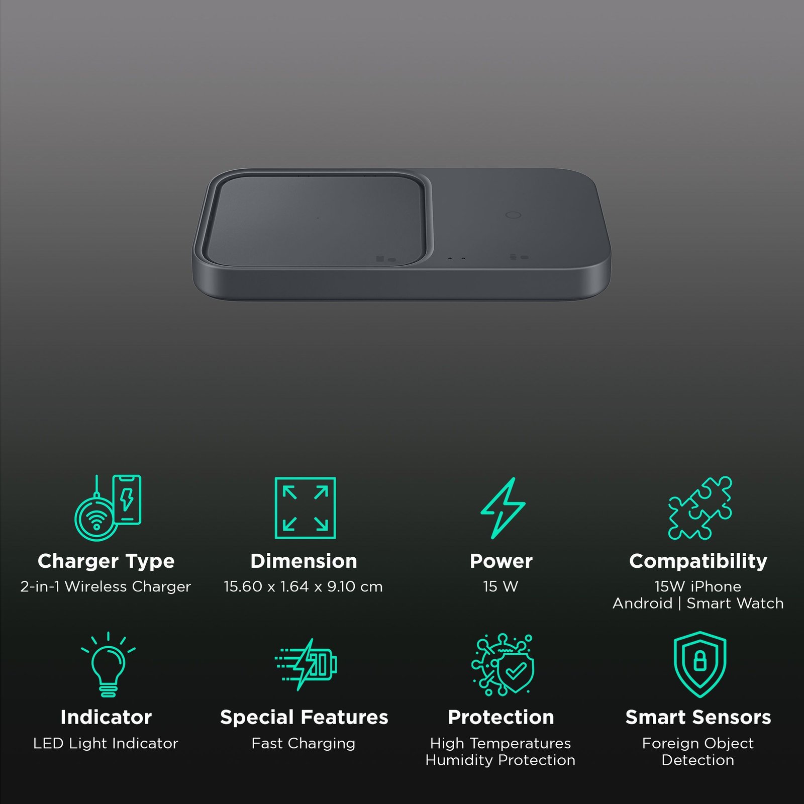 SAMSUNG Duo 15W 2-in-1 Wireless Charger for iOS, Android, Smart Watch (Adaptive Charging, Dark Gray) - Image 2