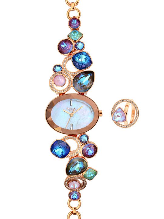Titan Women Blue & Gold-Toned Analogue Watch with Finger Ring 95126WM01F - Image 4