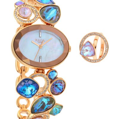 Titan Women Blue & Gold-Toned Analogue Watch with Finger Ring 95126WM01F