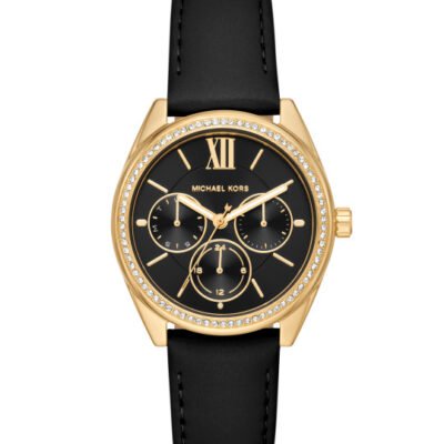 Michael Kors Women Embellished Janelle Leather Analogue Watch MK7315-Black