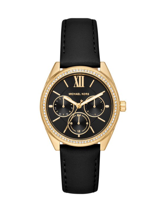 Michael Kors Women Embellished Janelle Leather Analogue Watch MK7315-Black