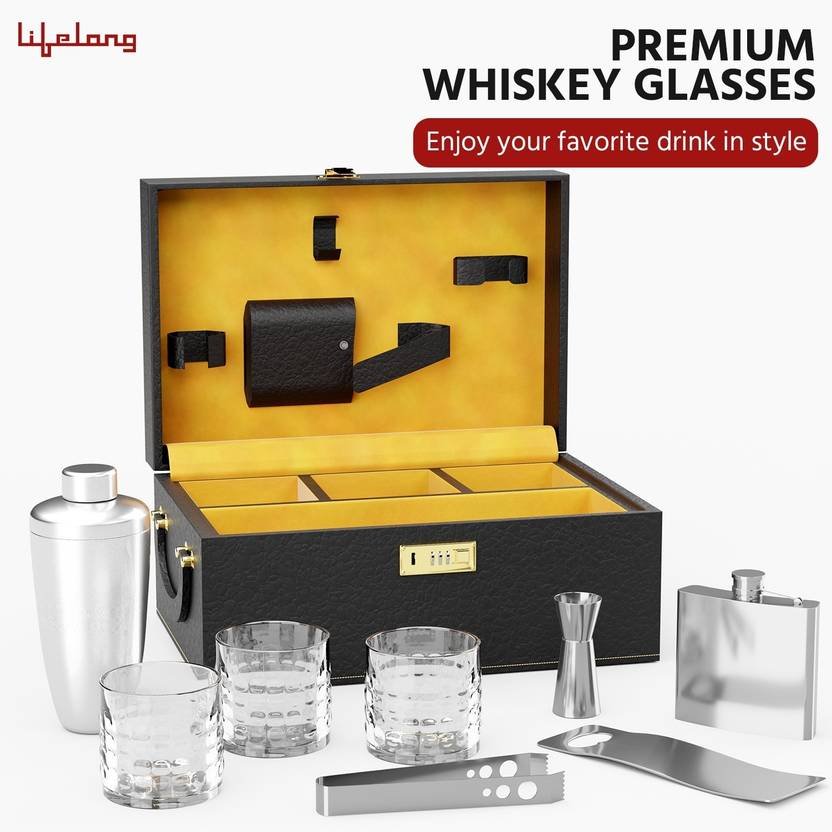 Lifelong Premium Bar Set with Handy Portable Leatherette Box | 3 Whiskey Glasses Bar Set (Stainless Steel) - Image 5