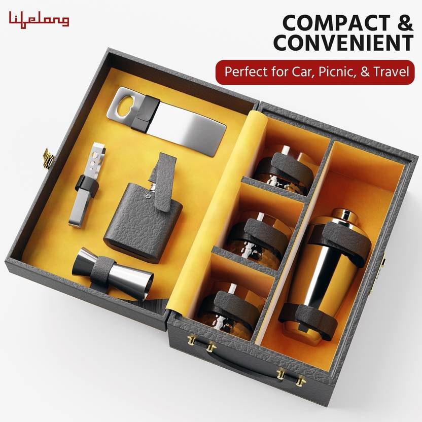 Lifelong Premium Bar Set with Handy Portable Leatherette Box | 3 Whiskey Glasses Bar Set (Stainless Steel) - Image 4