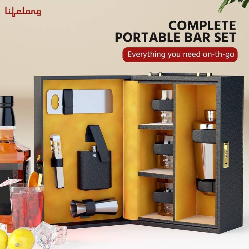 Lifelong Premium Bar Set with Handy Portable Leatherette Box | 3 Whiskey Glasses Bar Set (Stainless Steel) - Image 2