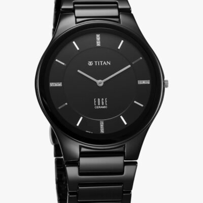 Titan Edge Ceramic Quartz in Glossy Black with Diamonds and Black Dial Analog Watch - For Men NT1696NC12|1696NC12|NT1696NC12