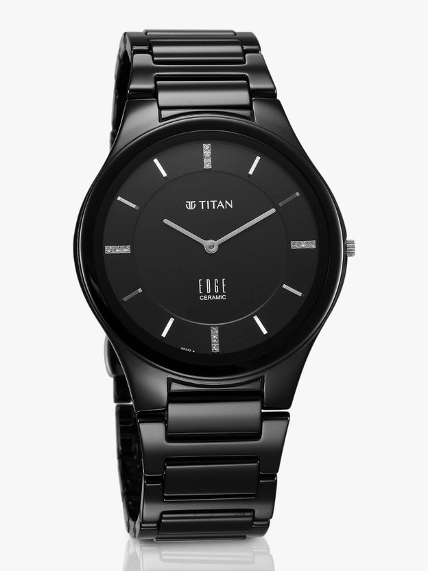 Titan Edge Ceramic Quartz in Glossy Black with Diamonds and Black Dial Analog Watch - For Men NT1696NC12|1696NC12|NT1696NC12