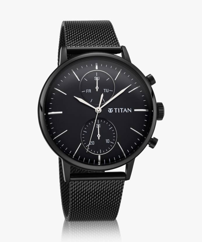 Titan Light Leathers Multifunction Black Dial Black SS Strap Analog Watch - For Men NR90135NM01 - Image 8