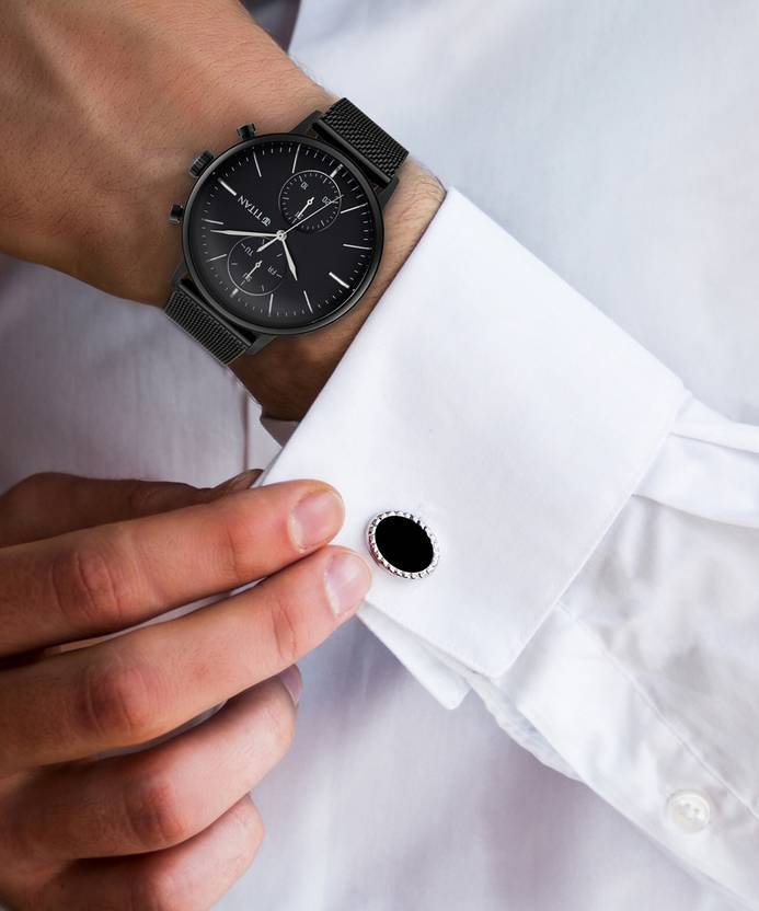 Titan Light Leathers Multifunction Black Dial Black SS Strap Analog Watch - For Men NR90135NM01 - Image 2