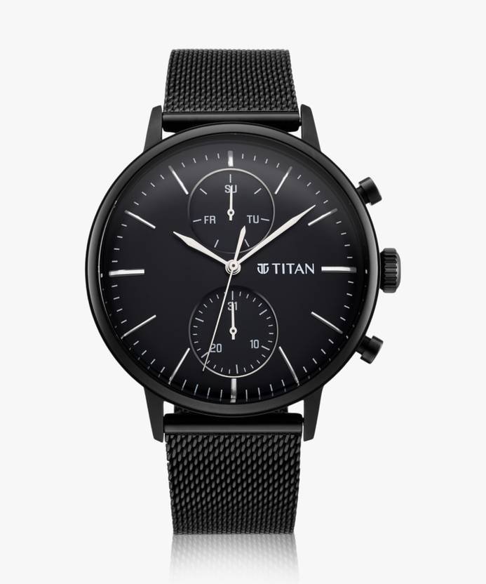 Titan Light Leathers Multifunction Black Dial Black SS Strap Analog Watch - For Men NR90135NM01 - Image 3