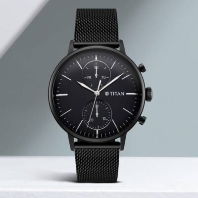 Titan Light Leathers Multifunction Black Dial Black SS Strap Analog Watch - For Men NR90135NM01