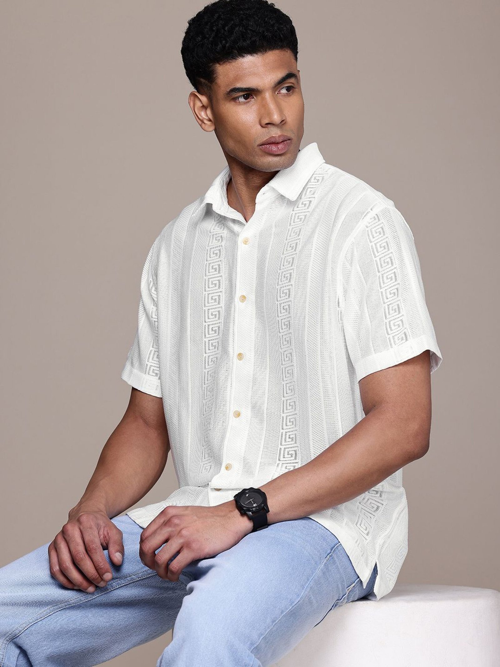 WROGN Men Self Design Casual White Shirt - S