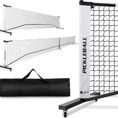 IRIS Portable Pickleball Net Set with Wheels, Regulation Size 22 FT & Half Court 11 FT, Steady Metal Frame Pickle Ball Net Set System with Carry Bag for Backyards, Driveways, and Garages