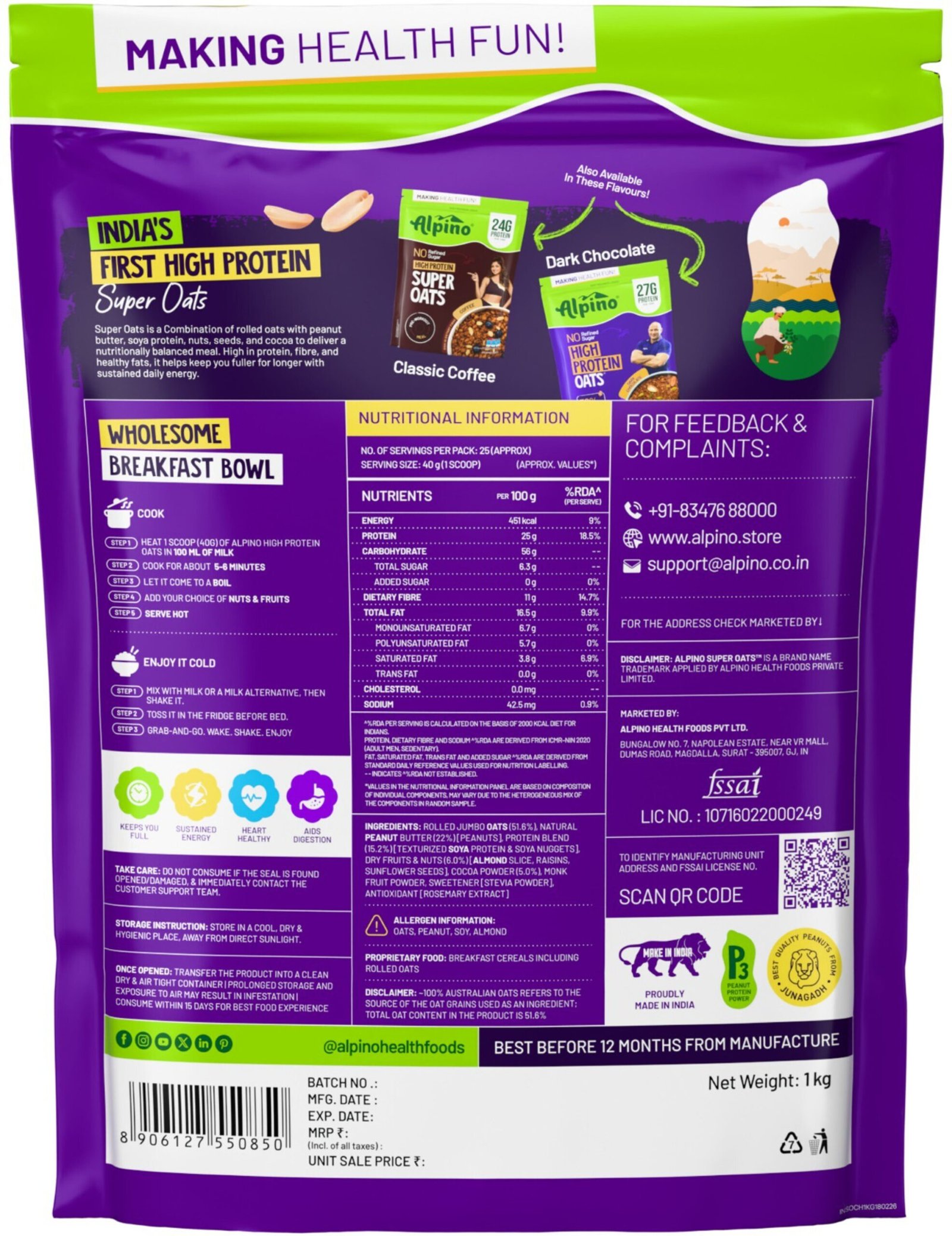 ALPINO High Protein Super Oats Chocolate 25% Protein Rolled Oats, No Added Sugar Pouch (1 kg) - Image 2