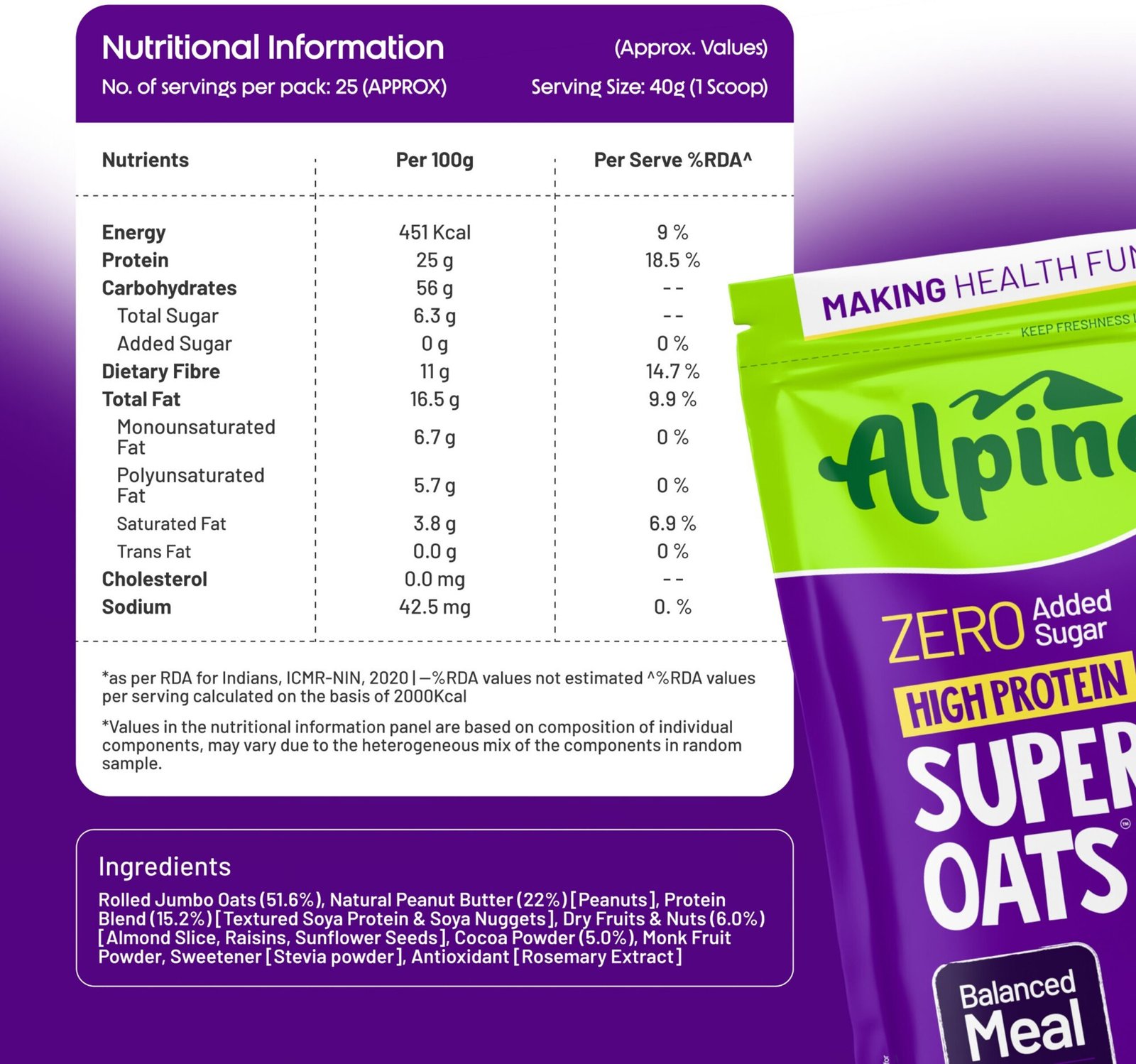 ALPINO High Protein Super Oats Chocolate 25% Protein Rolled Oats, No Added Sugar Pouch (1 kg) - Image 4
