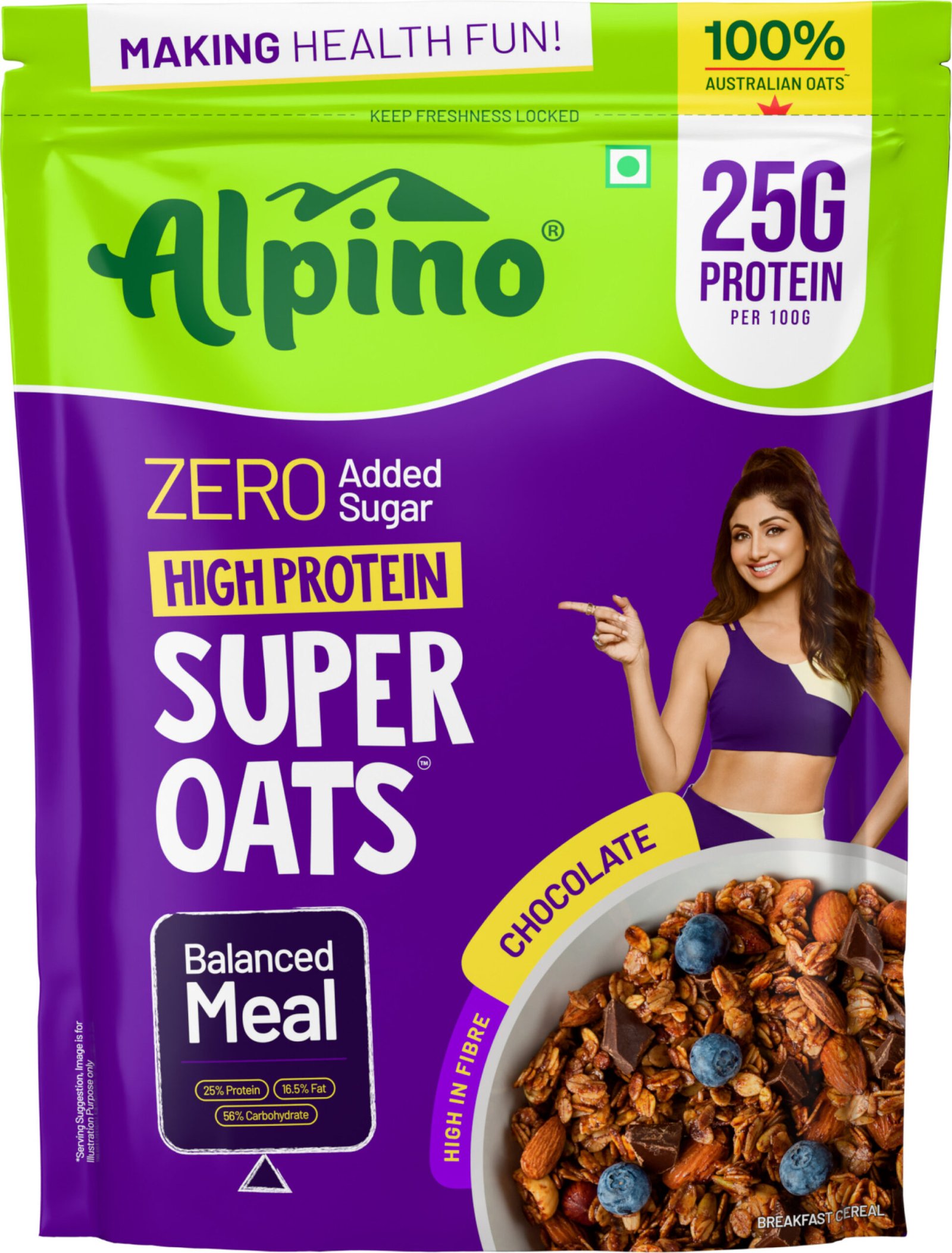 ALPINO High Protein Super Oats Chocolate 25% Protein Rolled Oats, No Added Sugar Pouch (1 kg)