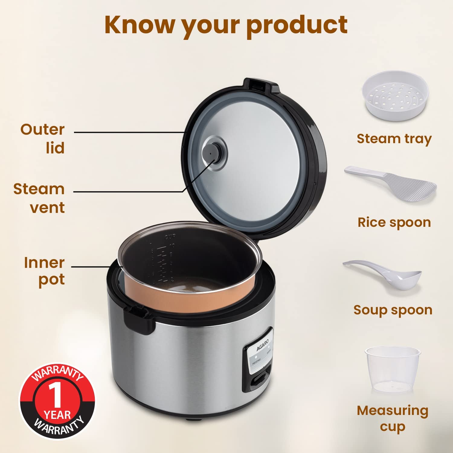 AGARO Regency Electric Rice Cooker, 5L Ceramic Coated Inner Bowl, Cooks up to 1.5Kgs (approx.10 cups) raw rice, 700 W, Easy Grip handle, Automatic Cooking, Keep Warm Function, Multipurpose Cooking - Image 7
