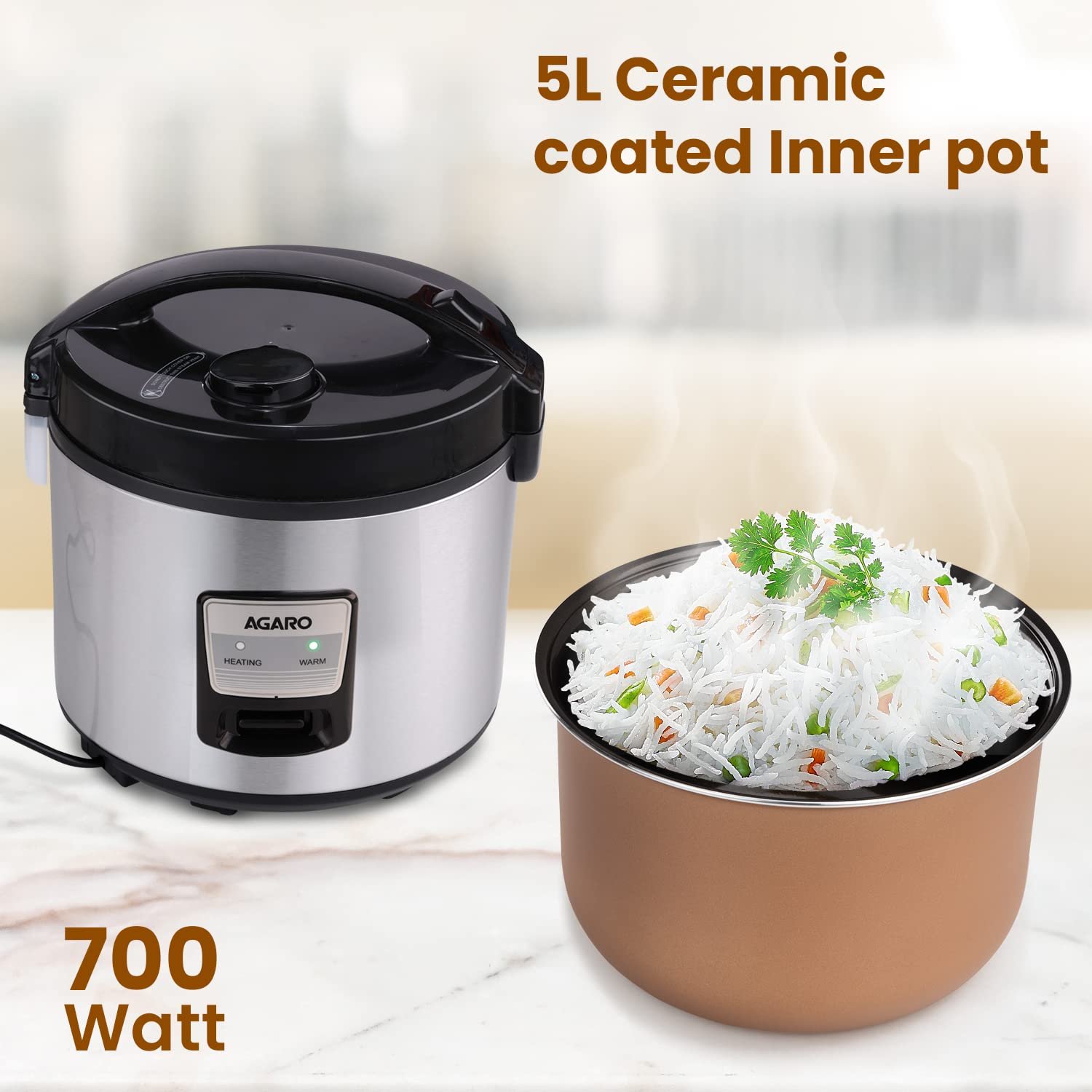 AGARO Regency Electric Rice Cooker, 5L Ceramic Coated Inner Bowl, Cooks up to 1.5Kgs (approx.10 cups) raw rice, 700 W, Easy Grip handle, Automatic Cooking, Keep Warm Function, Multipurpose Cooking - Image 3