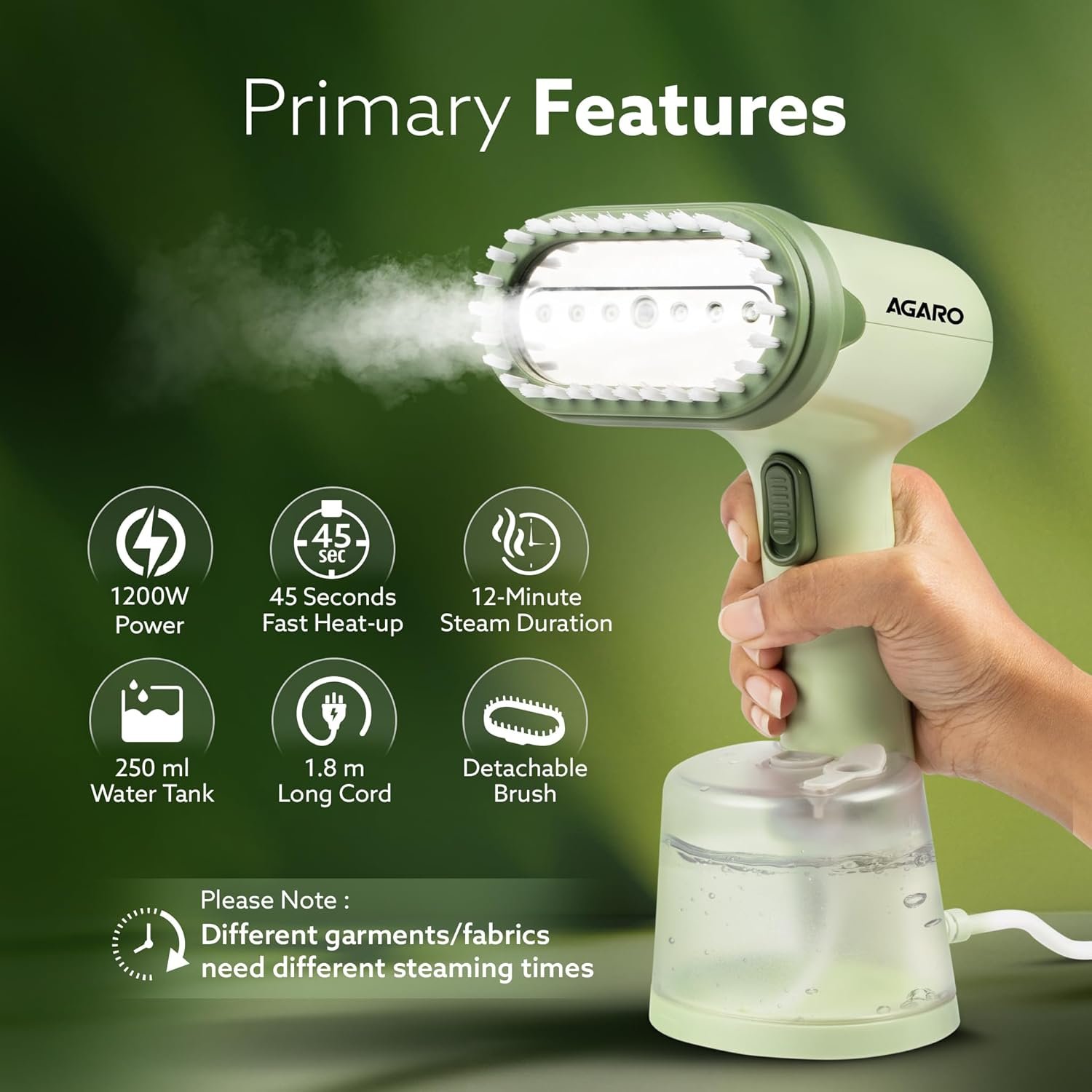 AGARO Regency Handheld Garment Steamer, Wrinkle Remover, Iron, Fast Heat, 1200W, 250 ml Water Tank, Detachable Fabric Brush - Image 2