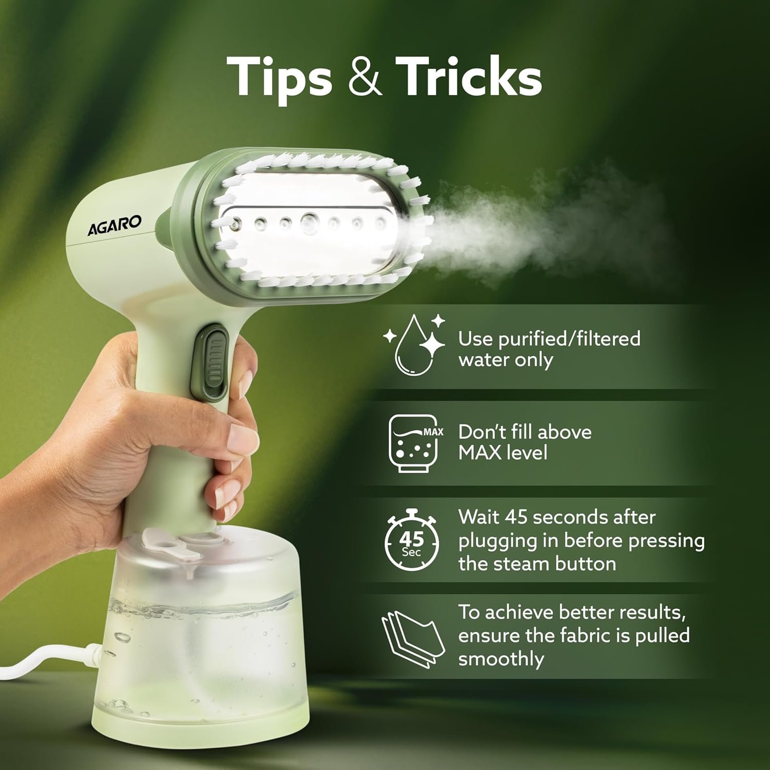 AGARO Regency Handheld Garment Steamer, Wrinkle Remover, Iron, Fast Heat, 1200W, 250 ml Water Tank, Detachable Fabric Brush - Image 5