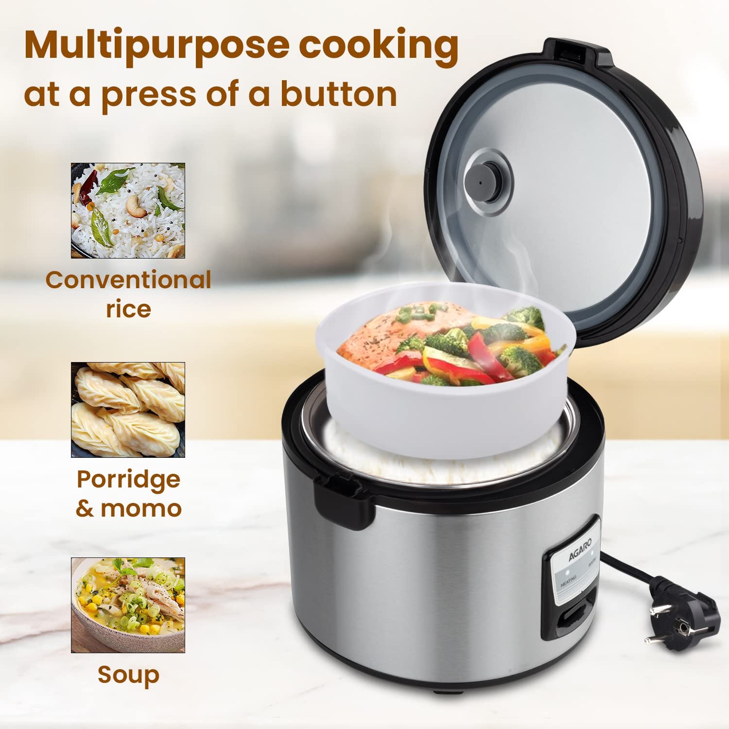 AGARO Regency Electric Rice Cooker, 5L Ceramic Coated Inner Bowl, Cooks up to 1.5Kgs (approx.10 cups) raw rice, 700 W, Easy Grip handle, Automatic Cooking, Keep Warm Function, Multipurpose Cooking - Image 6