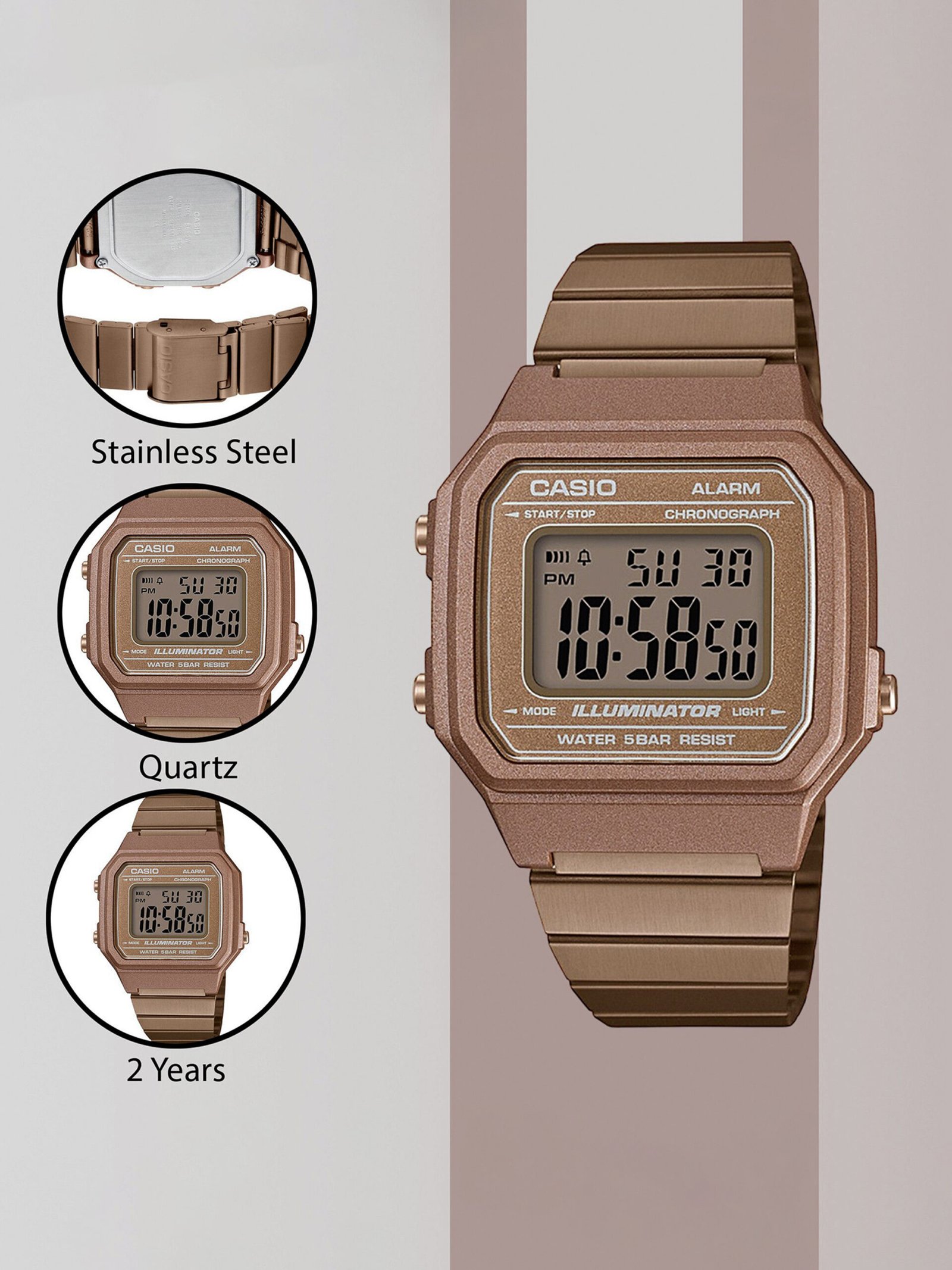 CASIO Vintage Rose Gold Dial Rose Gold Stainless Steel Band Digital Watch - For Men & Women D200 (B650WC-5ADF) - Image 6