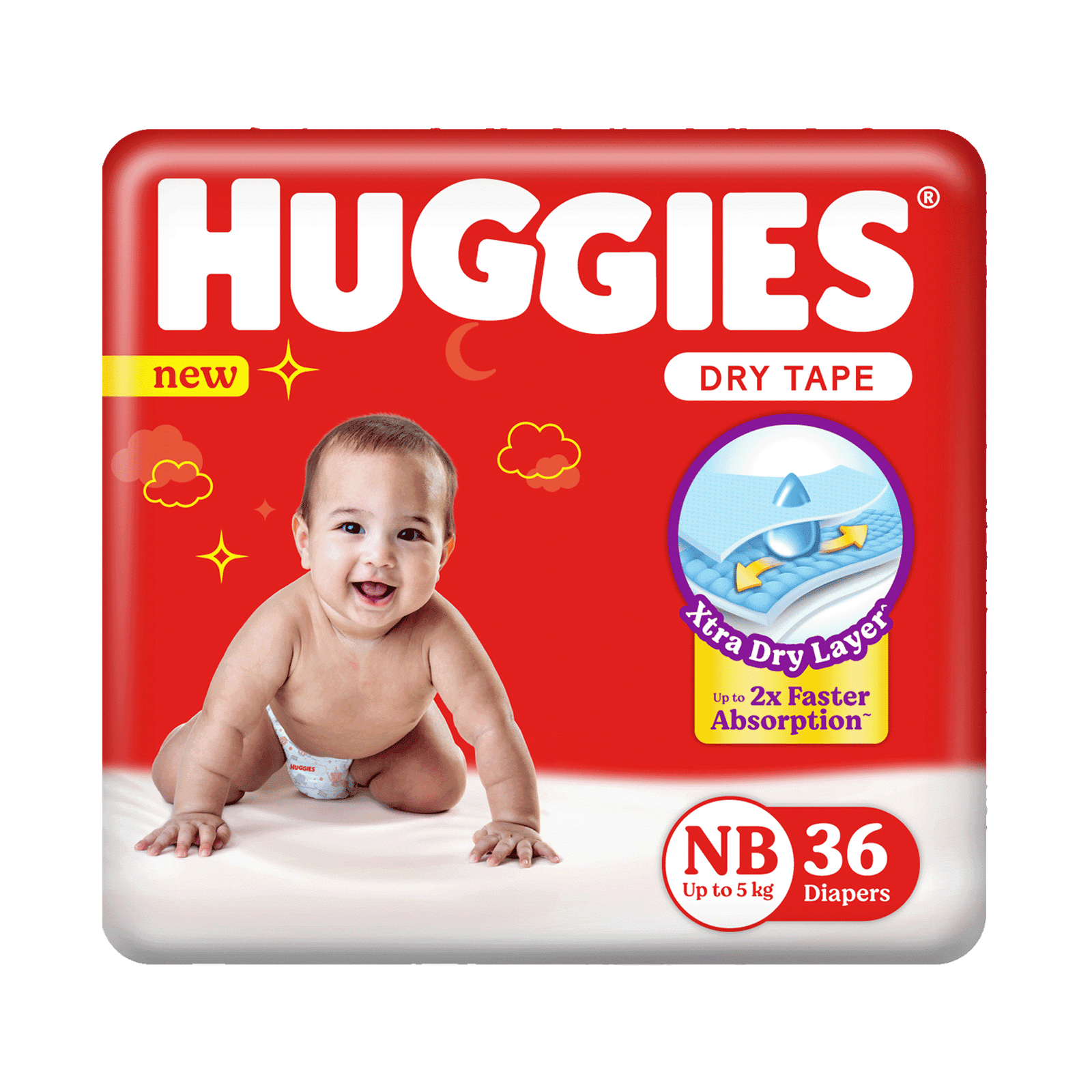 Huggies Dry Tape Baby Diaper (NB, 5 kg, 36 Pieces, 2 x Faster Absorption) - Image 2