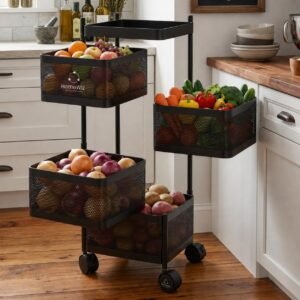 HomeWiz Square Kitchen Rack 4- Layer | Lifetime Usage Heavy Duty Steel Trolley | Kitchen Storage | Onion Potato Rack For Kitchen | Multipurpose Storage Rack for Fruits & Vegetables | Rust-Free Forever