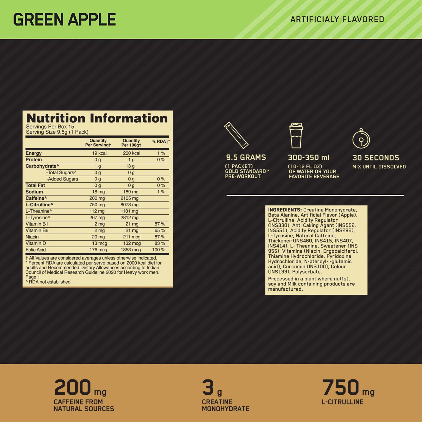 Optimum Nutrition Gold Standard Pre Workout (142.5 g, Green Apple) - Image 2